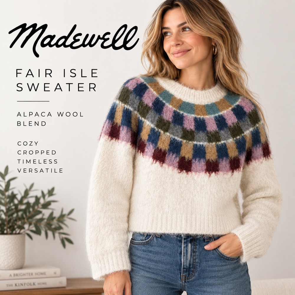Madewell Fair Isle Sweater Women M Ivory Alpaca Wool Fuzzy Multicolor Pullover
